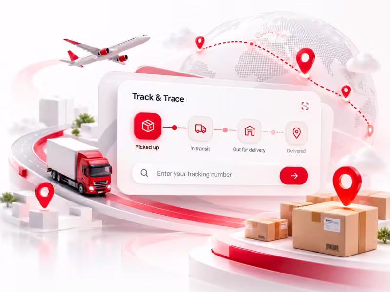EXPOST shipment tracking illustration with an airplane, delivery truck, global route, and parcels